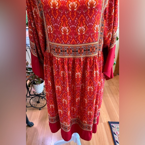 R Vivimos Bohemian Size M Red Orange Floral Pheasant Dress Knee Length Loose Fit - Picture 6 of 15